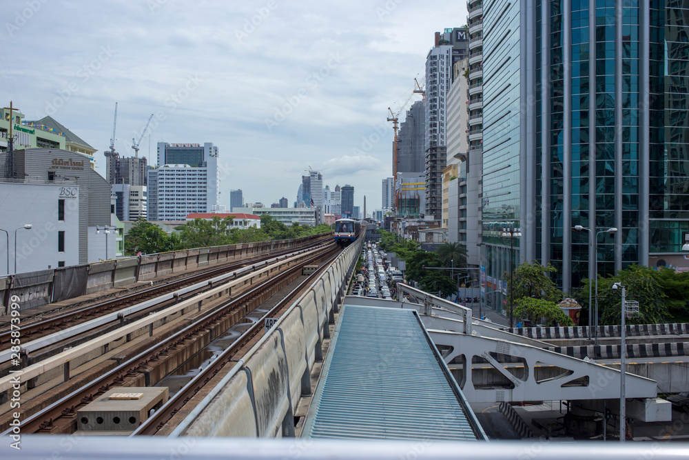 BTS Skytrain running in to the station in the morning. BTS Skytrain running in to the station in the morning.