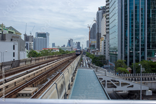 BTS Skytrain running in to the station in the morning.