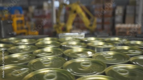 Iron cans on the conveyor at a cannery (close-up)