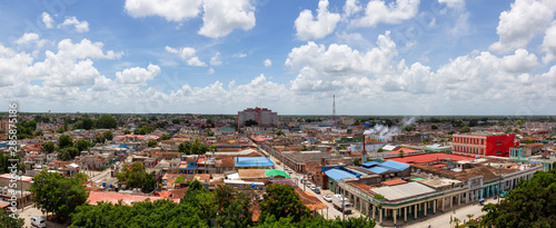 Aerial Panoramic view of a small Cuban Town  Ciego de Avila  during a cloudy and sunny day. Located in Central Cuba.