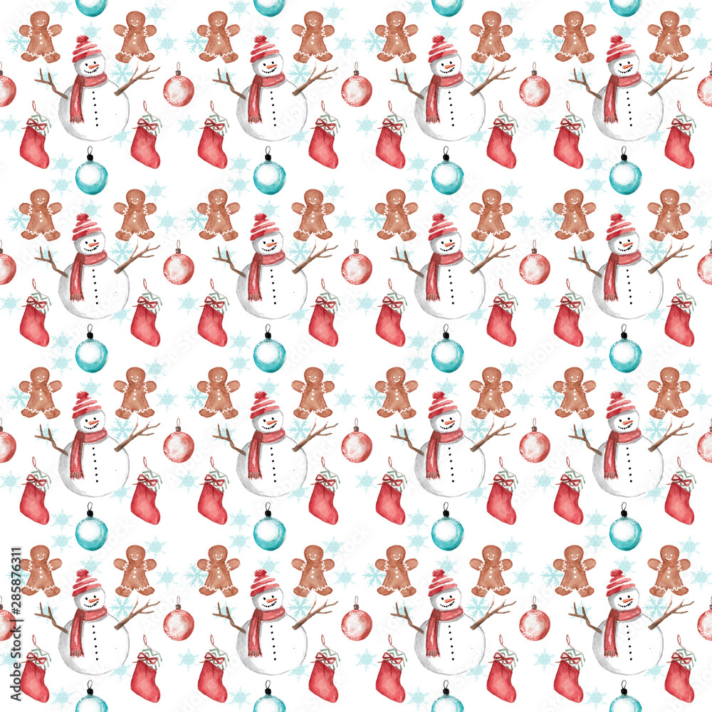 Seamless christmas themed surface pattern with watercolor elements
