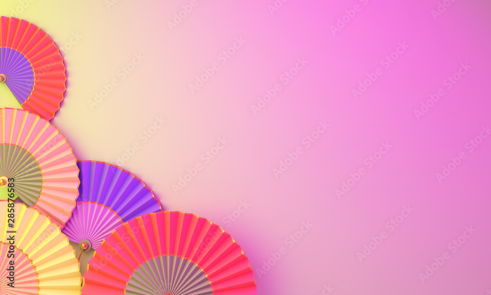Colorful Chinese paper fan umbrella on purple pink gradient background. Design creative concept of chinese festival celebration gong xi fa cai. 3D rendering illustration.