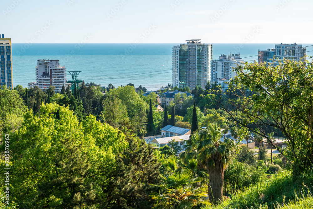 Fototapeta premium Sea view from a green park in a warm southern city