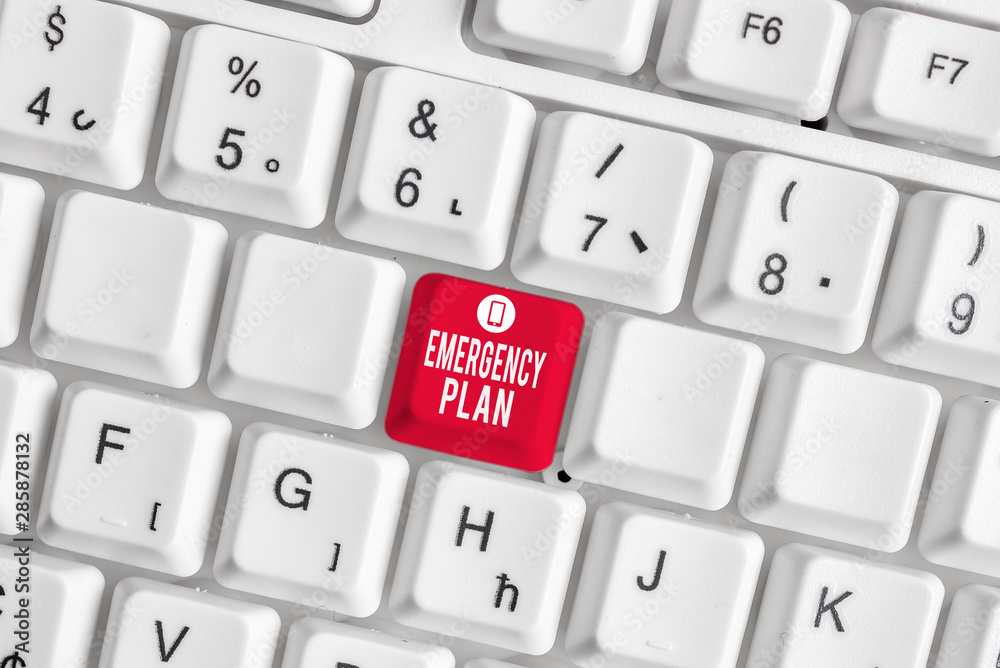 Conceptual hand writing showing Emergency Plan. Concept meaning procedures for handling sudden or unexpected situations White pc keyboard with note paper above the white background Conceptual hand writing showing Emergency Plan. Concept meaning procedures for handling sudden or unexpected situations White pc keyboard with note paper above the white background