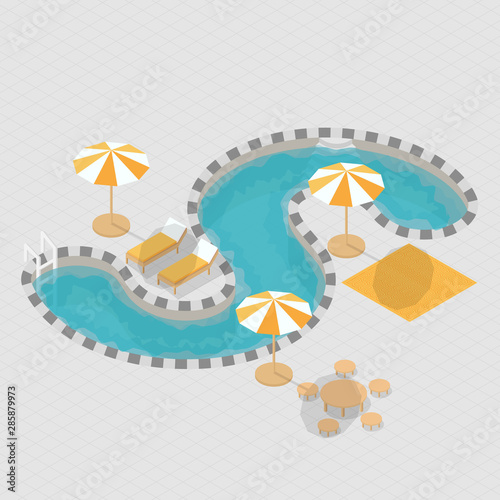 Isometric 3D Open Air Summer Pool Party Beach Landing Page Illustration Background  Alphabet S Font  Cover Banner Design Template