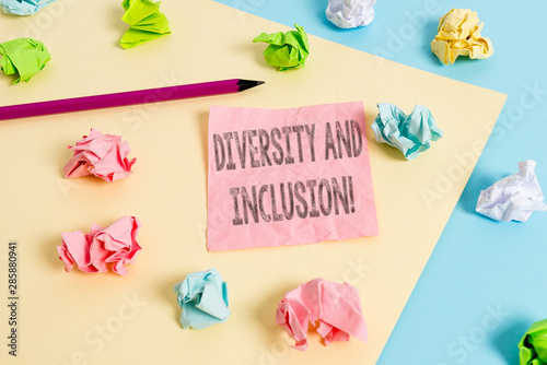 Conceptual hand writing showing Diversity And Inclusion. Concept meaning range huanalysis difference includes race ethnicity gender Colored crumpled papers empty reminder blue yellow clothespin © Artur