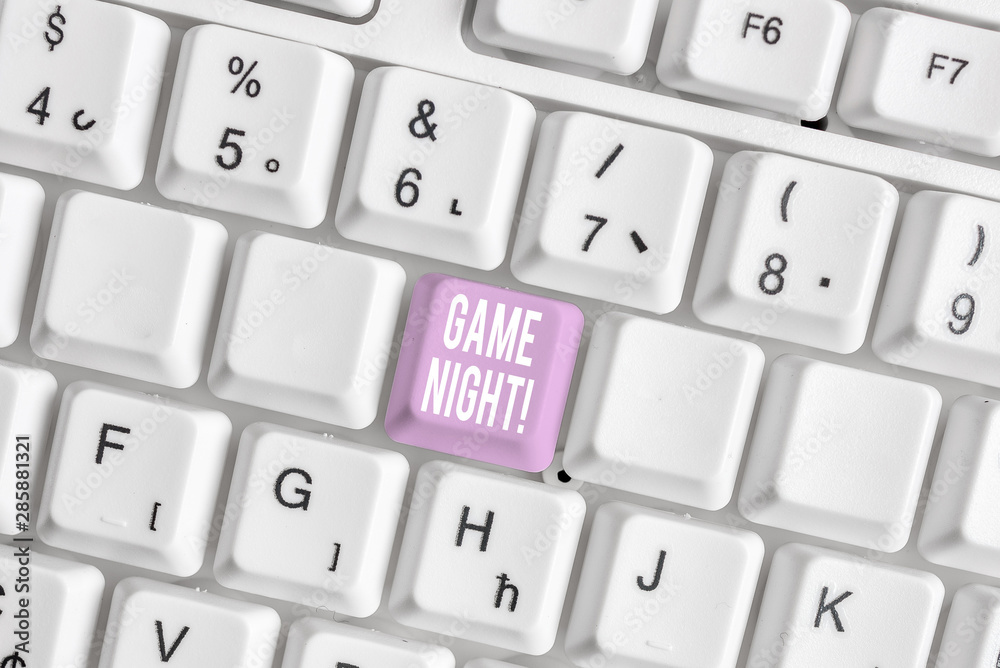 Word writing text Game Night. Business photo showcasing usually its called on adult play dates like poker with friends White pc keyboard with empty note paper above white background key copy space Word writing text Game Night. Business photo showcasing usually its called on adult play dates like poker with friends White pc keyboard with empty note paper above white background key copy space