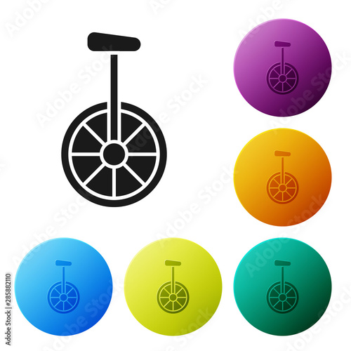 Black Unicycle or one wheel bicycle icon isolated on white background. Monowheel bicycle. Set icons colorful circle buttons. Vector Illustration