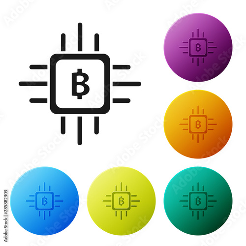 Black CPU mining farm icon isolated on white background. Bitcoin sign inside processor. Cryptocurrency mining community. Digital money. Set icons colorful circle buttons. Vector Illustration