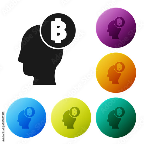 Black Bitcoin think icon isolated on white background. Cryptocurrency head. Blockchain technology, digital money market, cryptocoin wallet. Set icons colorful circle buttons. Vector Illustration