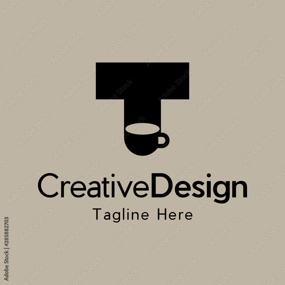 Template Logo Creative Initial Letter T and coffee bean shape concept, logo coffee and eatery. Coffee mug Logo of Letter T café shop icon restaurant