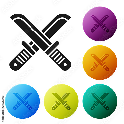 Black Crossed hunter knife icon isolated on white background. Army knife. Set icons colorful circle buttons. Vector Illustration