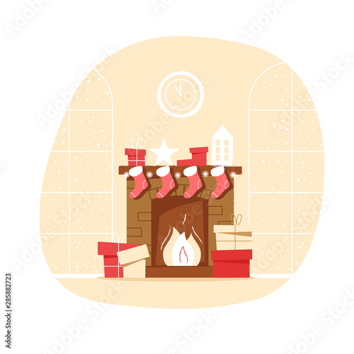Classic brick fireplace with Christmas socks, gifts and clocks on a neutral background. New year vector illustration in flat style for web banner, greeting card or tags