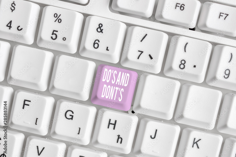 Word writing text Do S And Dont S. Business photo showcasing Rules or customs concerning some activity or actions White pc keyboard with empty note paper above white background key copy space Word writing text Do S And Dont S. Business photo showcasing Rules or customs concerning some activity or actions White pc keyboard with empty note paper above white background key copy space