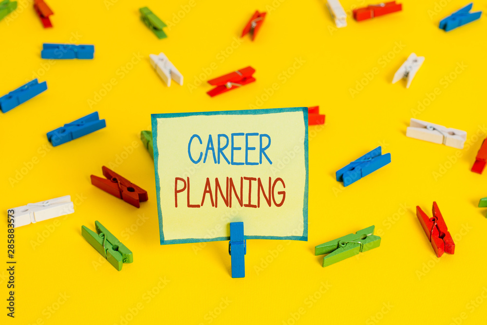 Text sign showing Career Planning. Business photo text Strategically plan your career goals and work success Colored clothespin papers empty reminder yellow floor background office Text sign showing Career Planning. Business photo text Strategically plan your career goals and work success Colored clothespin papers empty reminder yellow floor background office