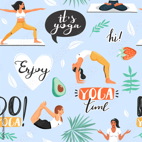 Seamless pattern with women in various yoga poses, lettering phrases, leaves and fruit. Healthy lifestyle and yoga concept. Texture for textile, wrapping paper and packaging. Vector.