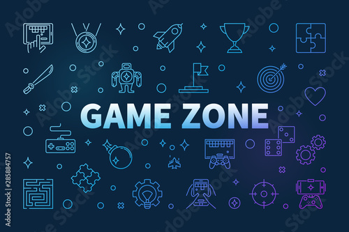 Game Zone vector colored outline horizontal illustration on dark background