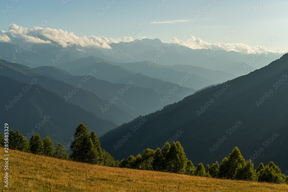 View on mountains in Caucasus mountains close to village Mestia, Svaneti region, Georgia.