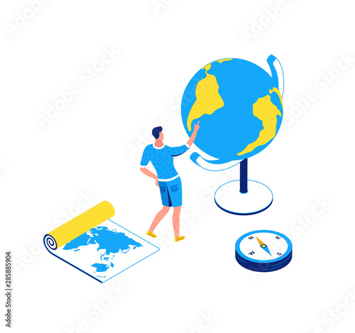Geography lesson isometric landing page, earth study lesson template, blue, yellow line art illustration, boy pointing at globe, school lesson concept, cartography learning, planet model 3d