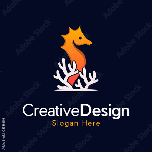 Seahorses Aquatic Underwater Creative Vector Logo, Seahorse silhouette on the light underwater background, sea bottom and seahorse illustration
