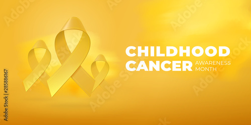 Flying realistic Yellow ribbons on bright Yellow background with copy space. Childhood Cancer Awareness Month typography. Medical symbol in September. Vector illustration for banner, poster, flyer