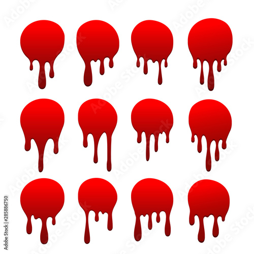 Blood drip set. Drop blood isloated white background. Happy Halloween decoration design. Red splatter stain splash spot, horror blot. Bleeding bloodstain scare texture Liquid paint. Vector illustraton