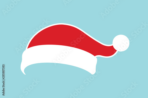 Santa Claus hat flat. Realistic Santa Claus hat isolated blue background. Red funny cap silhouette. Merry Christmas clothes cute simple cartoon design. New year decoration costume. Vector illustration