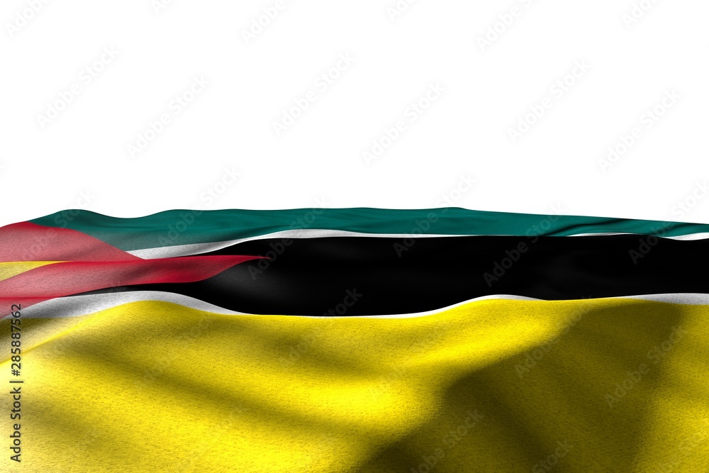 Obraz premium wonderful mockup photo of Mozambique flag lying flat with perspective view isolated on white with place for text - any celebration flag 3d illustration..