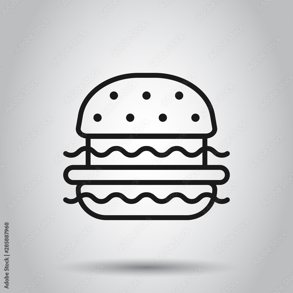 Burger sign icon in flat style. Hamburger vector illustration on isolated background. Cheeseburger business concept. Burger sign icon in flat style. Hamburger vector illustration on isolated background. Cheeseburger business concept.