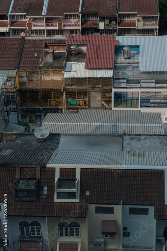 Old Asian Buildings photographed from above with rusty Rooftop