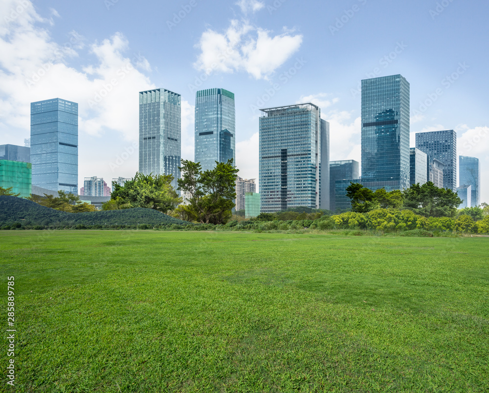 The grass and the city in Shenzhen, China.