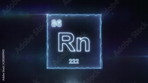 Radon - periodic table element symbol hologram glowing on dark background in 4K