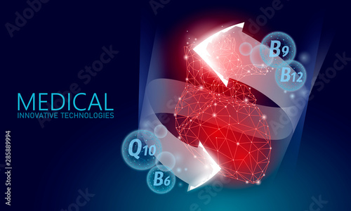 Healthy human heart 3d vitamin low poly. Medicine care protection drug pharmacy banner background. Nutrition supplement Q10 B12 modern innovative technology vector illustration