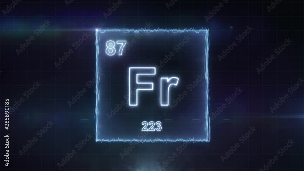 Francium - periodic table element symbol hologram glowing on dark background in 4K Francium - periodic table element symbol hologram glowing on dark background in 4K