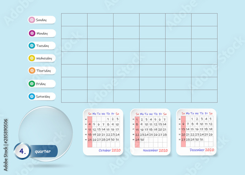 Calendar for fourth quarter of 2020 year in blue color