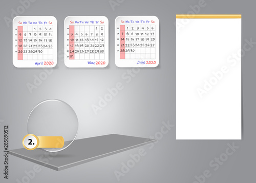 Calendar for second quarter of 2020 year on 3d table with blank label for notes and main tasks. All on the gray light background.