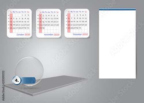Calendar for fourth quarter of 2020 year on 3d table with blank label for notes and main tasks. All on the gray light background.