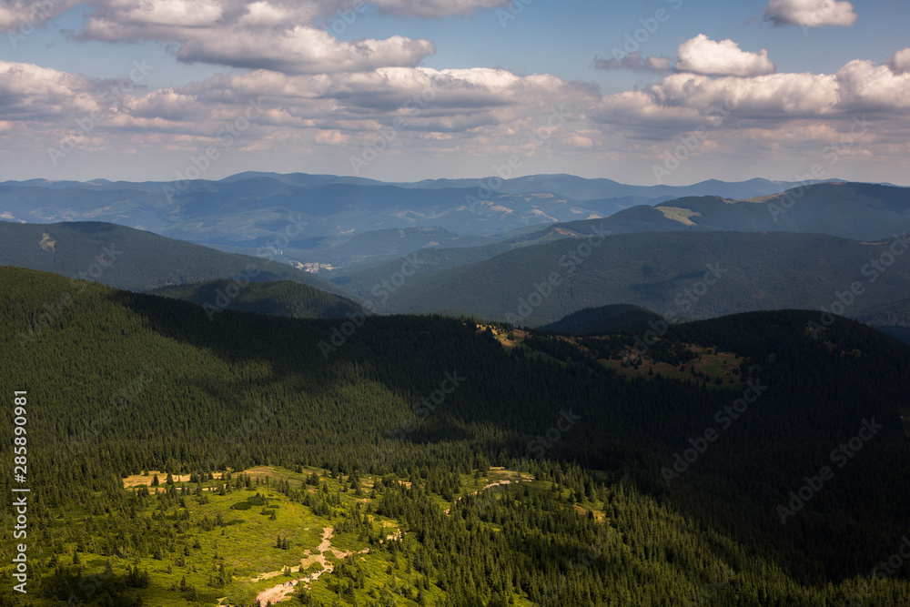  Summer landscape in the Carpathian mountains. View of the mountain peak Hoverla. Bautiful Ukrainian mountain Carpathian Hoverla.