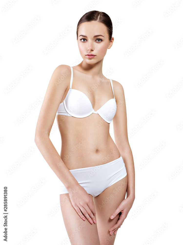 Foto de Beautiful woman with perfect body in white underwear do