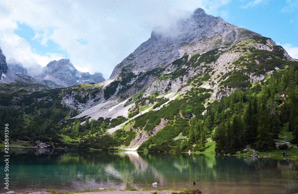 Seebensee with beautiful reflections. Alpine lake  in Tyrol, Austria, near the Zugspitze