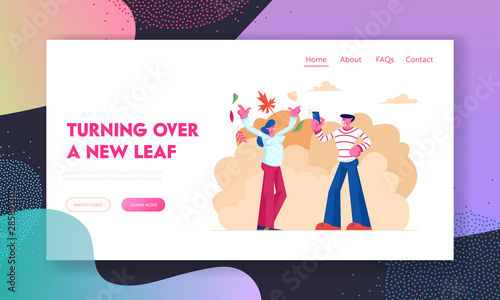 Happy Loving Couple Walking in Autumn Park Website Landing Page. Woman Throw Up Falling Leaves Man Photographing. Love Pair Spend Time on Nature Relax Web Page Banner. Cartoon Flat Vector Illustration