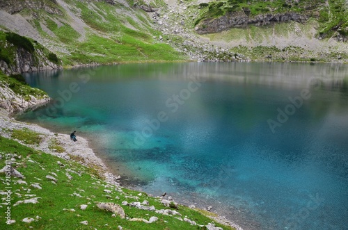 Drachensee (dragon lake), a beautiful turquoise alpine lake at the hike to the Coburger Hütte (coburger hut) in Tyrol, Austria, close to the Zugspitze