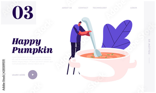 Cooking Process Website Landing Page. Tiny Male Character Mixing Pumpkin Soup with Huge Cook Prepare Tasty Dish for Thanksgiving Day Dinner. Home Food Web Page Banner. Cartoon Flat Vector Illustration