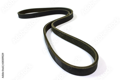 New drive belt on white background, Isolated, V-shaped belt.