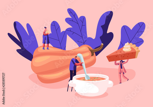 Tiny Male and Female Characters Cooking and Eating Traditional Thanksgiving Food Sweet Pie and Soup made of Fresh Tasty Ripe Gourd. Festive Pumpkin Dishes Concept Cartoon Flat Vector Illustration