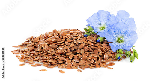 heap of flax seeds and flowers photo