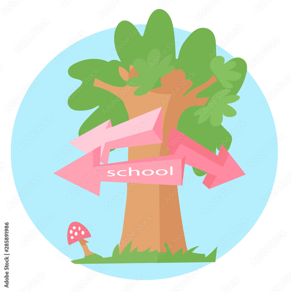 cute bright flat vector illustration of green tree in the forest on grass with mushroom with three pink arrows pointing in different directions. For kids, school, kindergarten, party decoration, fairs