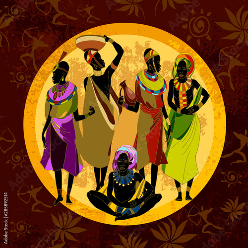 African women silhouettes. National clothes and hot sun savanna. Scene of life of the tribe of South Africa. Beautiful black females