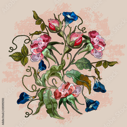 Embroidery datura flowers botany art. Spring template for clothes, t-shirt design
