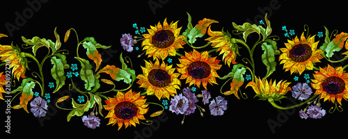 Embroidery summer blue flowers and yellow sunflowers horizontal seamless pattern. Fashion colorful template for clothes, tapestry, t-shirt design